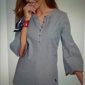 Oprah Magazine For Talbots sz L Popover Shirt Ladybug Black White Gingham cotton
